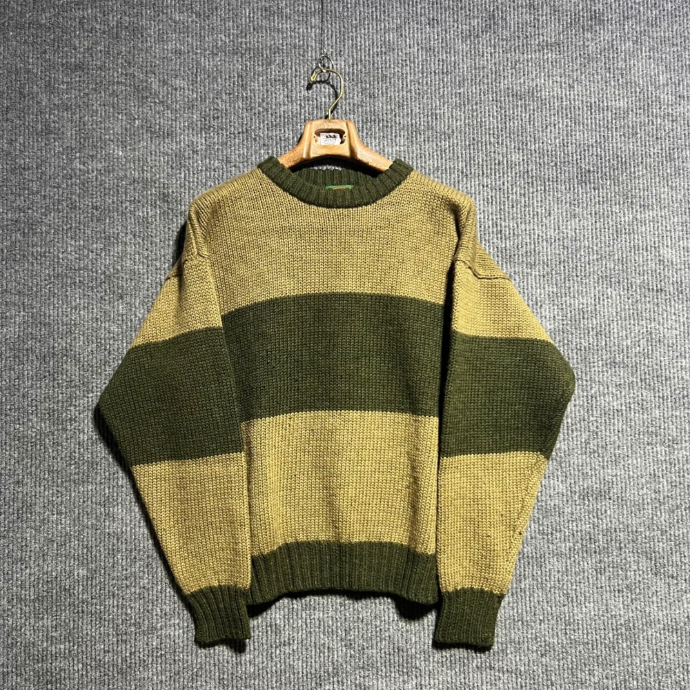 Vintage Boston Traders Sweater Mens L Green Tan Striped Wool Chunky Knit Ribbed